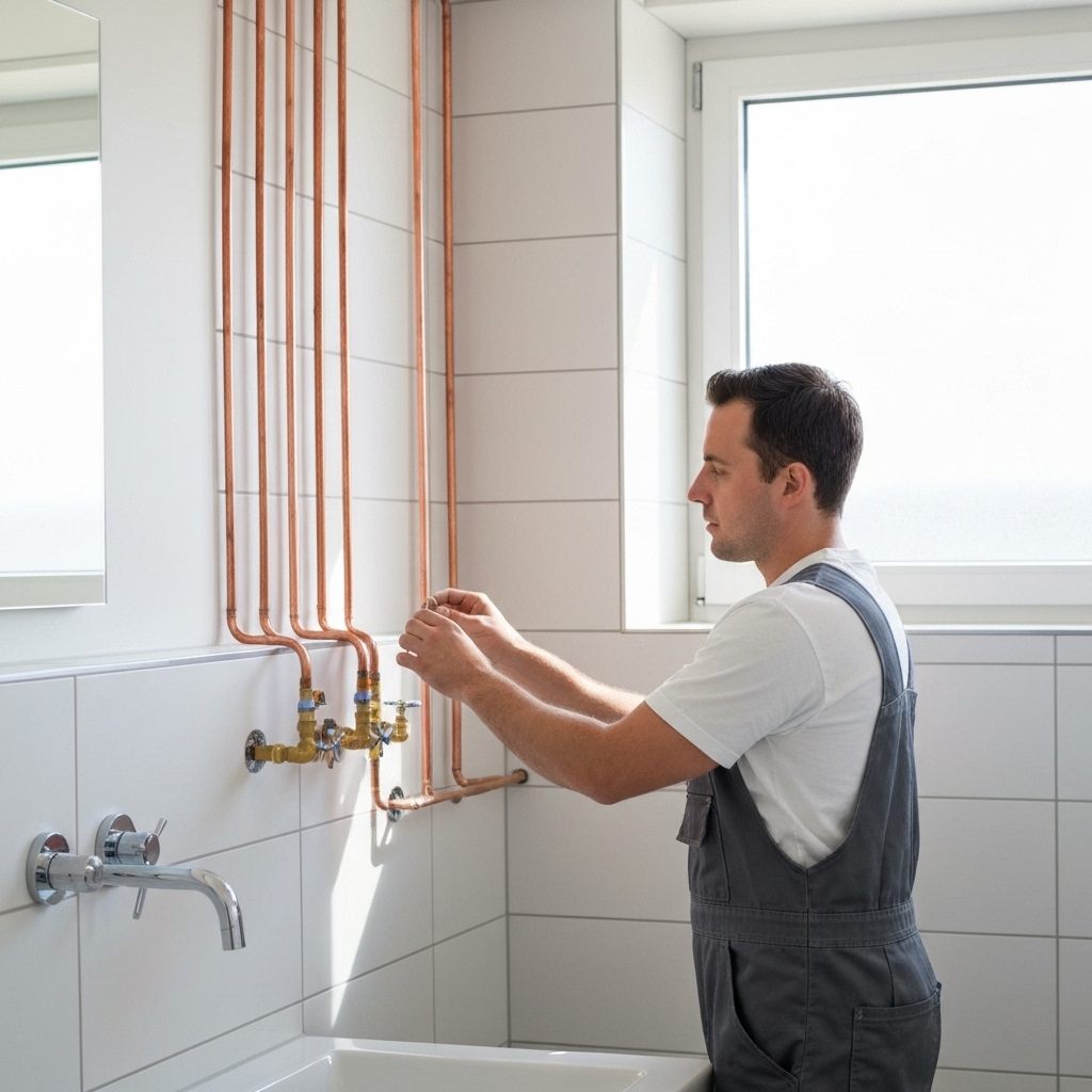 A professional plumber inspecting a newly installed piping system in a modern Geneva bathroom, high quality, photorealistic