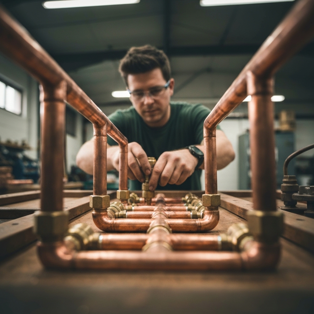 Close-up of a professional sanitary installer working on a complex copper pipe manifold with precision tools