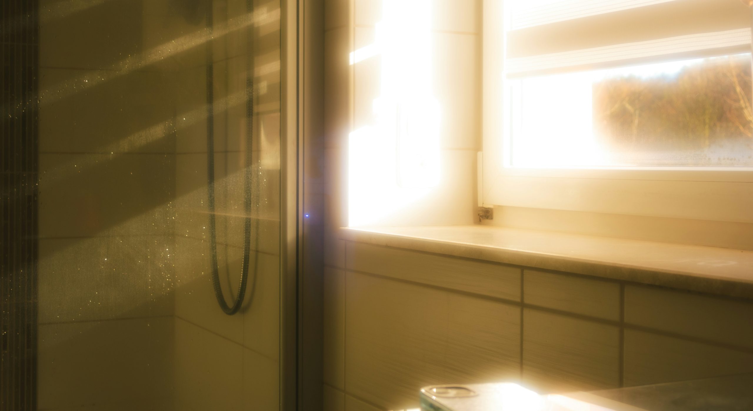 Clean modern bathroom interior with white tiles