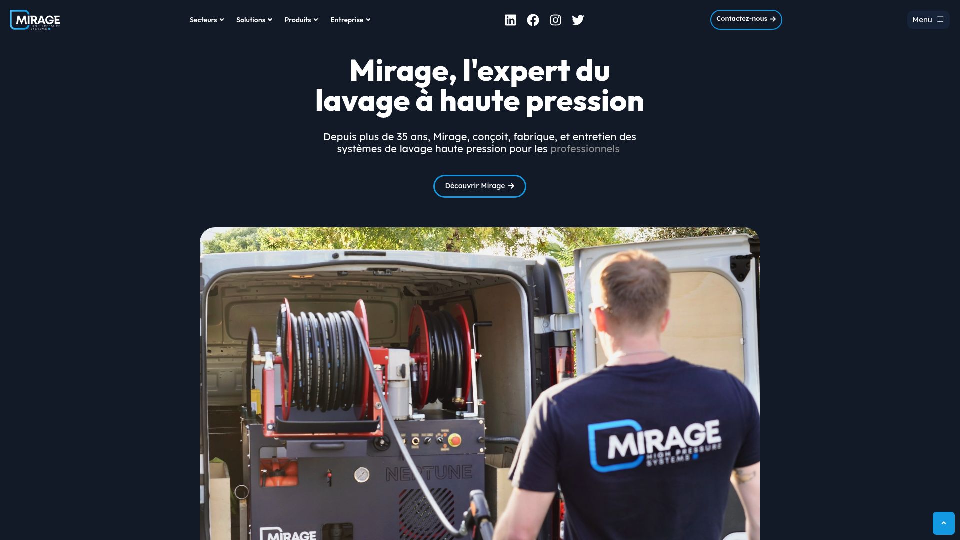 Screenshot of MirageHP website showing hydrocurage equipment specs and description