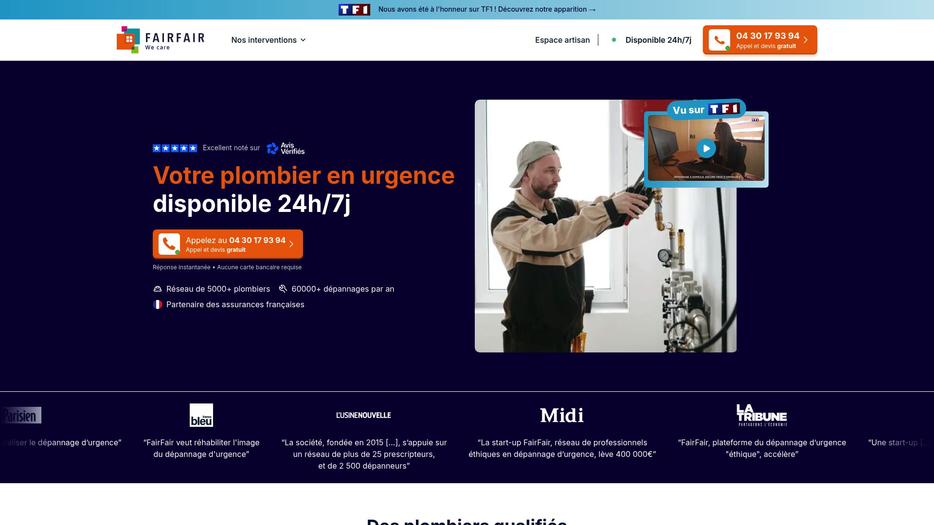 Homepage of FairFair showcasing their emergency plumbing service guarantee