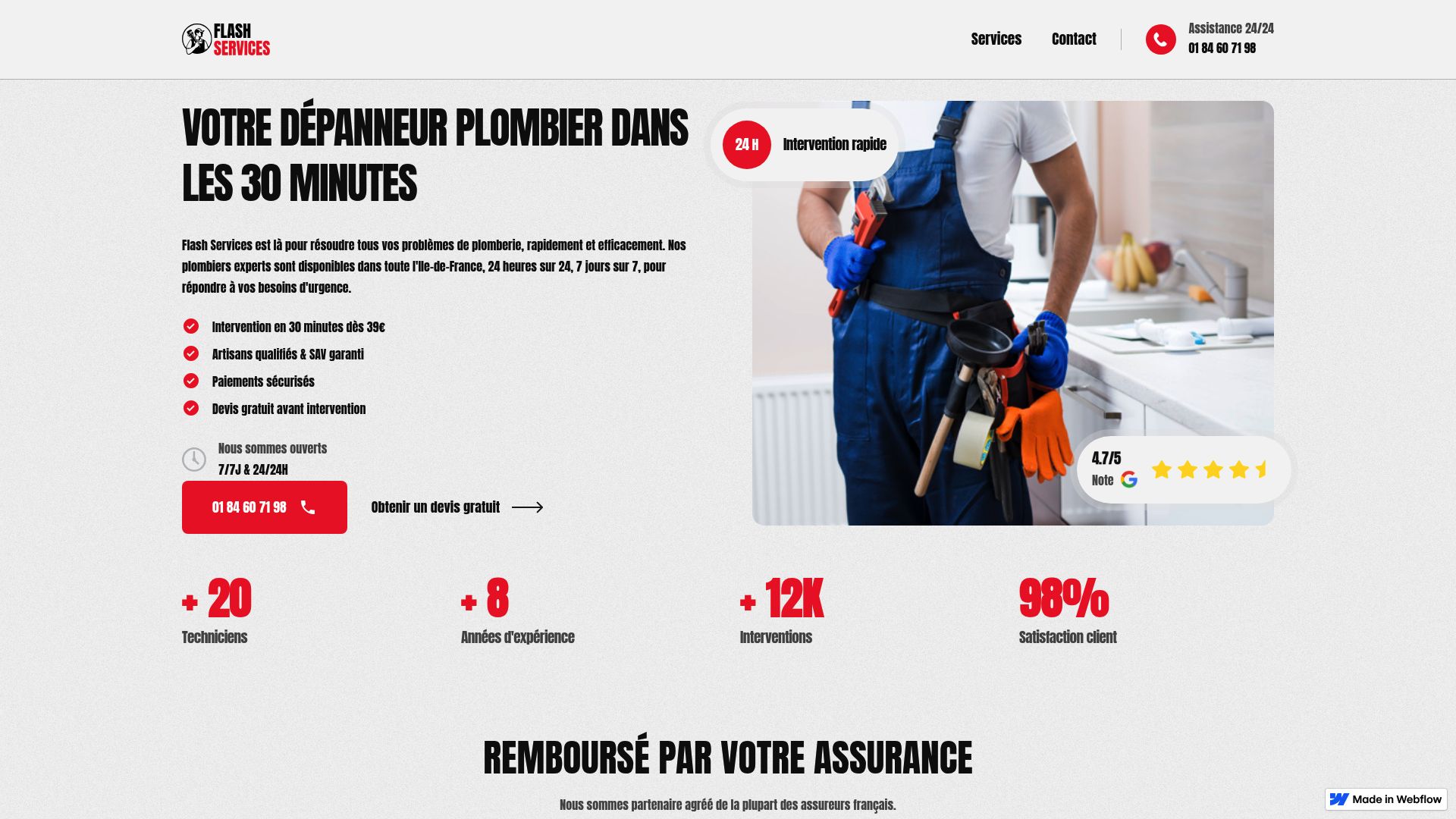 Main landing page of Flash Services highlighting their 30-minute intervention promise