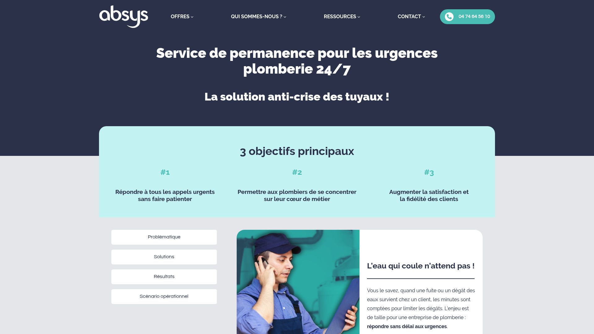 Absys website section detailing their telephone answering service for plumbers