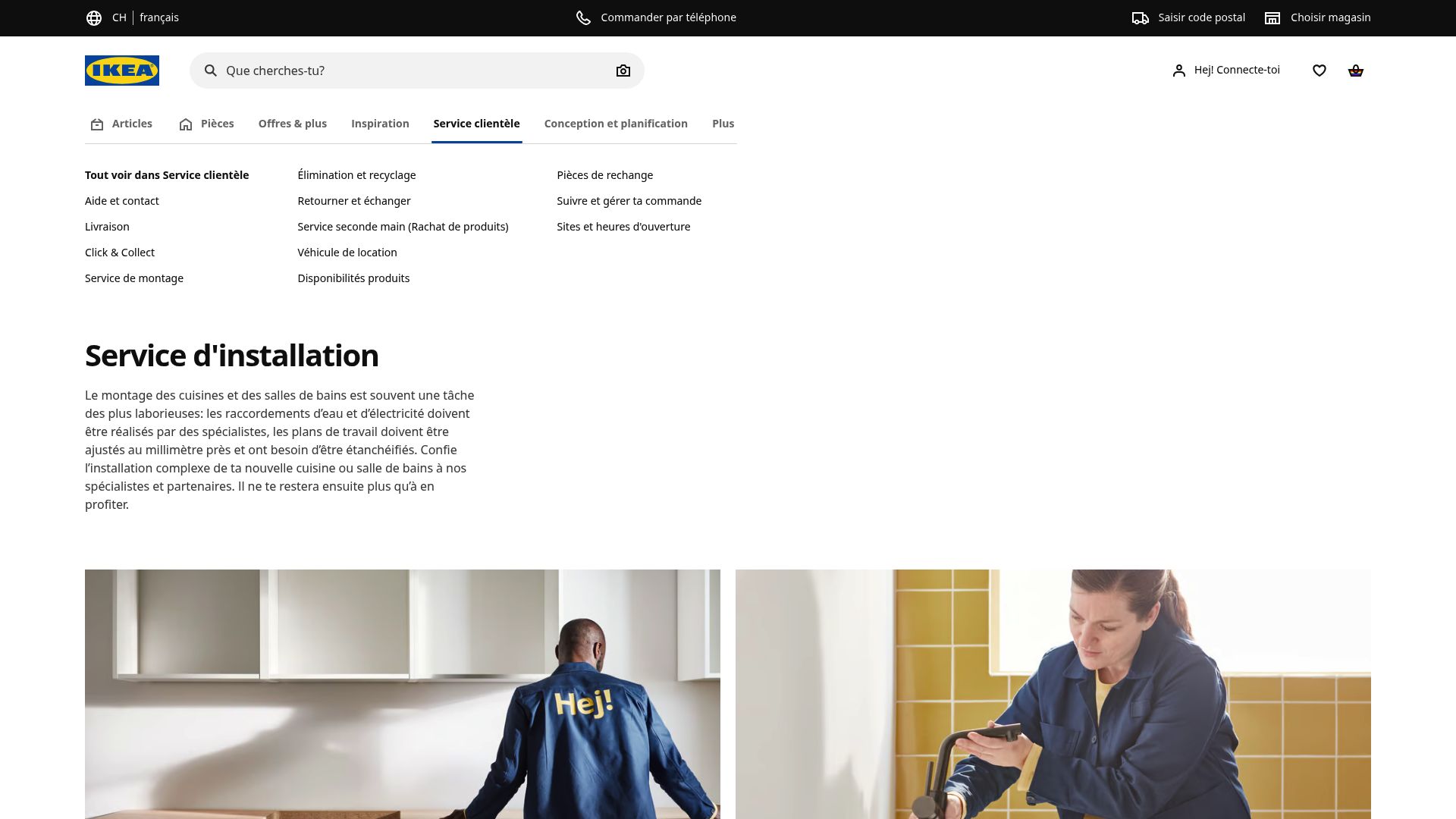 Screenshot of IKEA Switzerland installation service page mentioning professional electrical and water connections