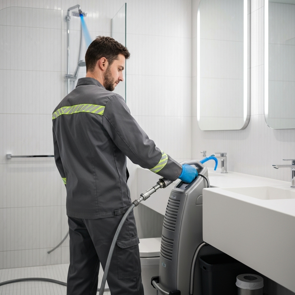 Professional plumber utilizing a high-tech hydro-jetting machine to unclog a drain in a modern bathroom environment