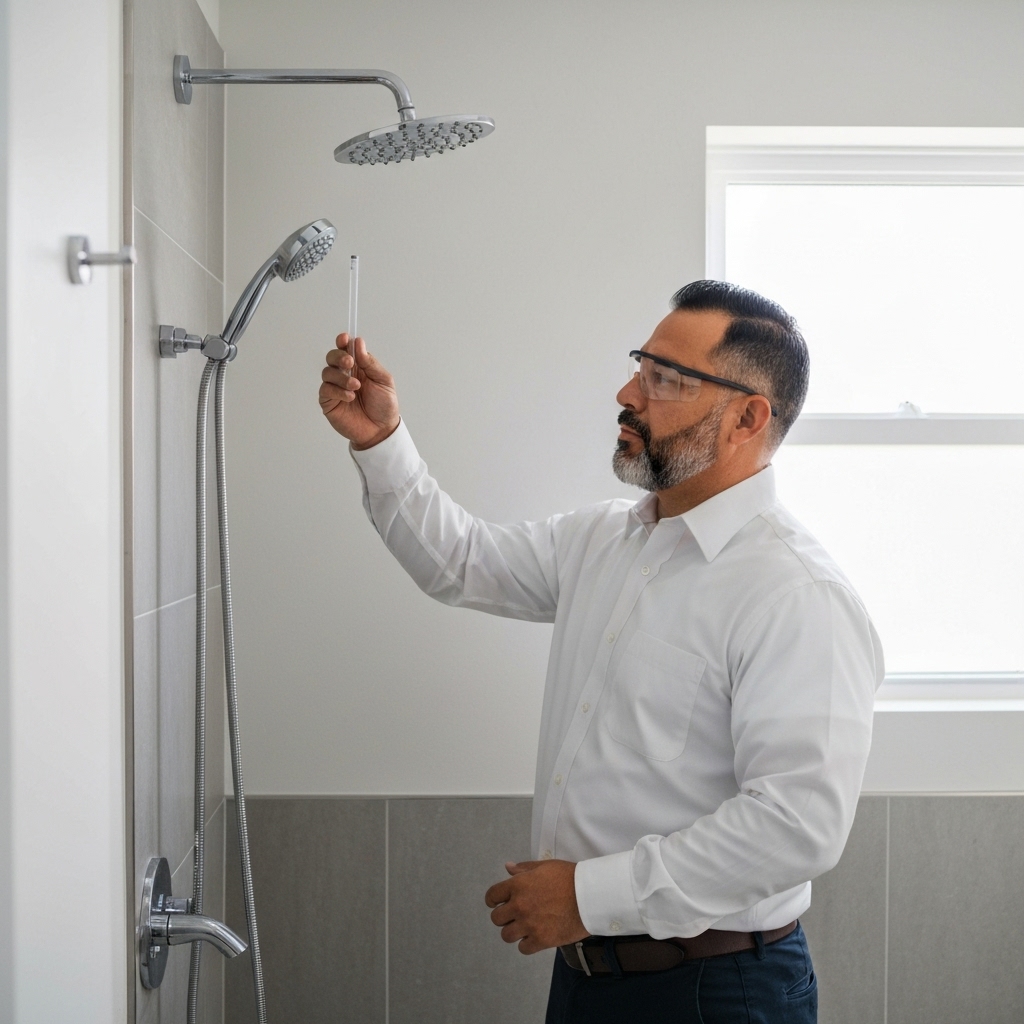 Professional bathroom installer analyzing blueprints in a modern luxury bathroom under construction