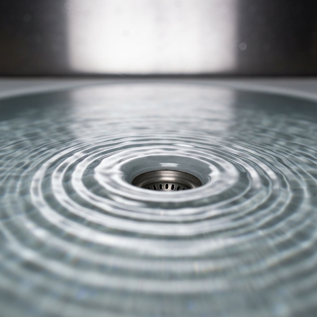 A close up photorealistic image of a modern bathroom sink filled with water not draining, showcasing the water surface tension and a worried homeowner looking at it in the blurred background.