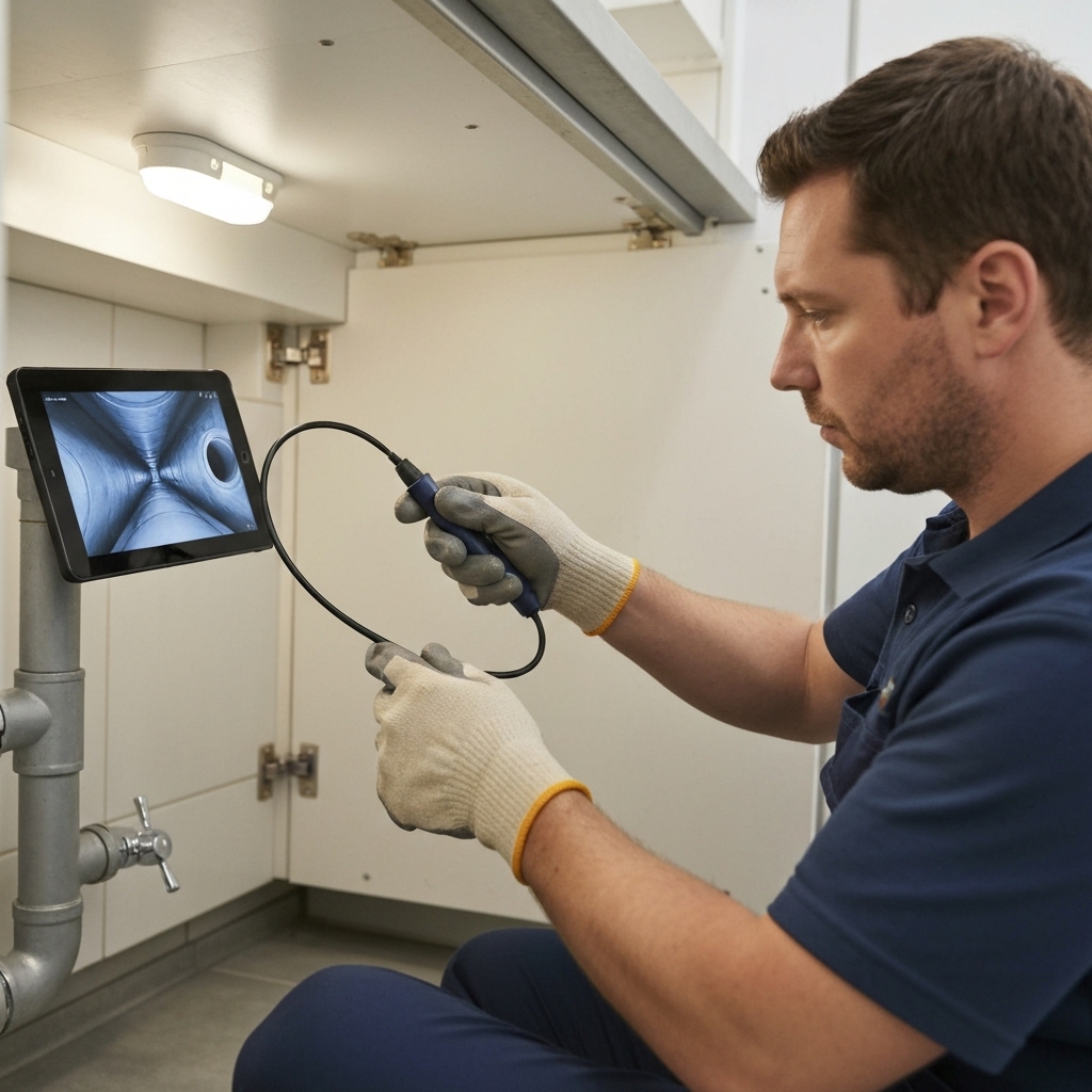 Professional plumber utilizing a snake camera inspection tool under a sink to diagnose clogging issues on a tablet screen.