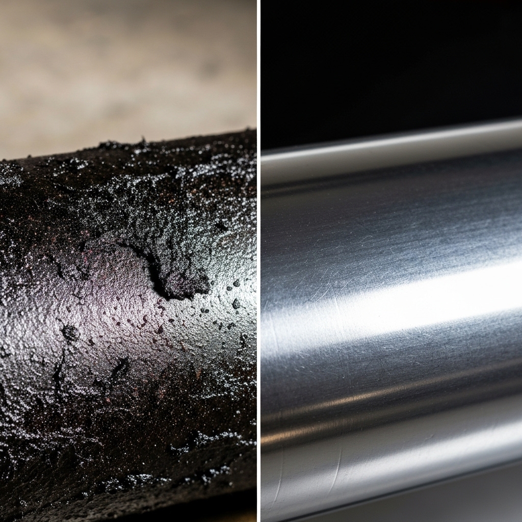 Close-up comparison showing a dirty pipe blocked by grease versus a clean pipe after hydro-jetting, emphasizing the cleaning power.
