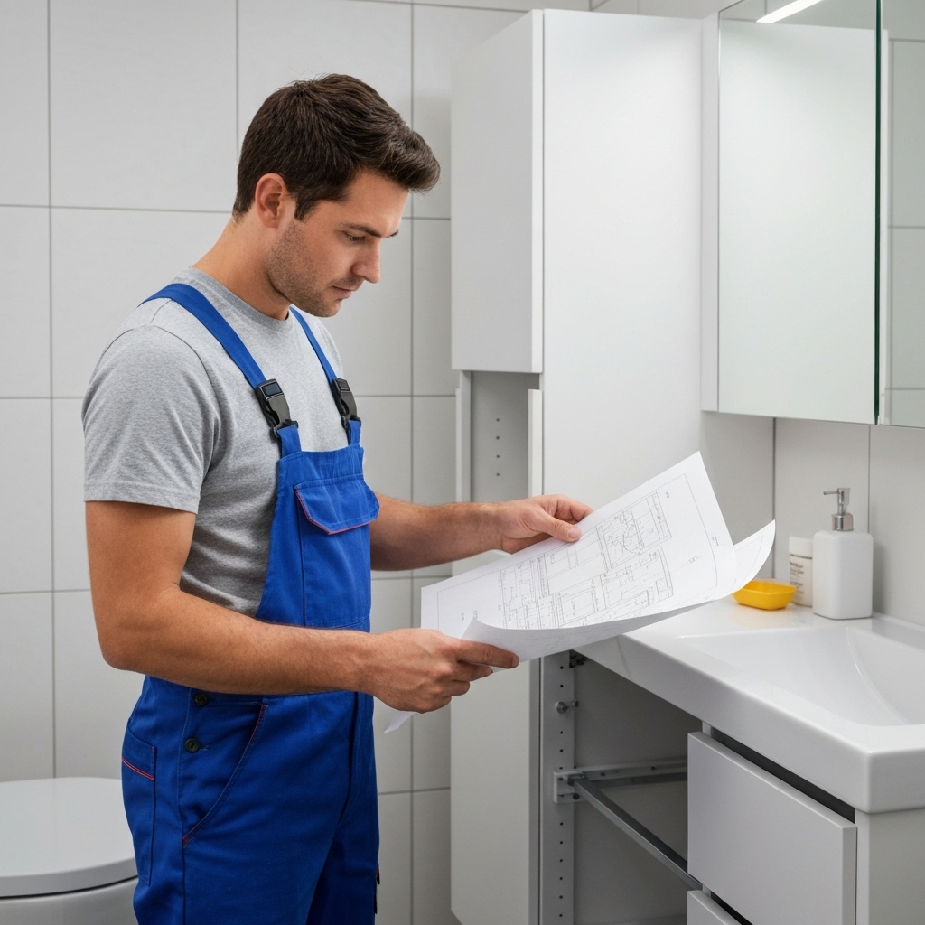 Professional plumber analyzing blueprints for an IKEA bathroom cabinet installation in a swiss apartment