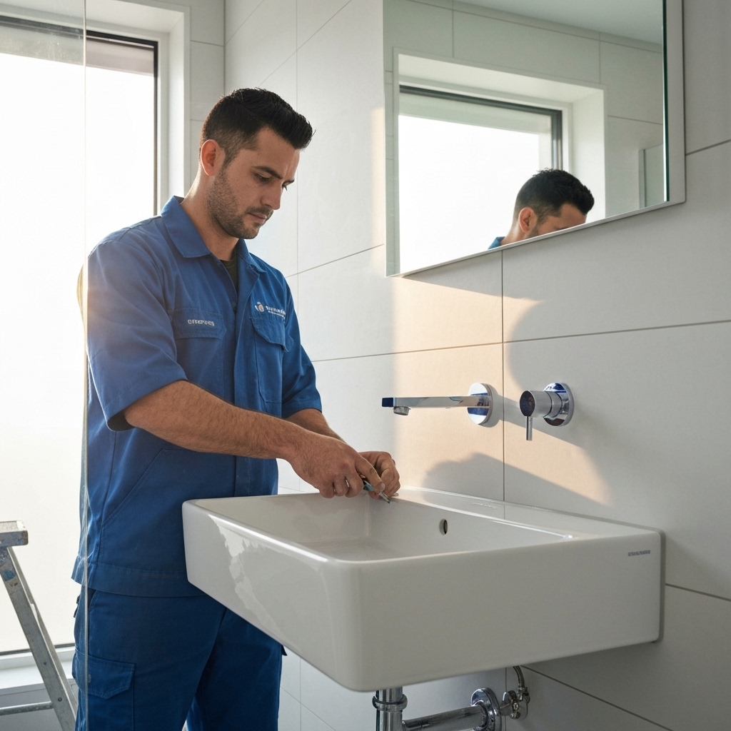 A professional plumber installing a modern white bathroom sink and faucet, verifying connections with tools, soft lighting, high quality