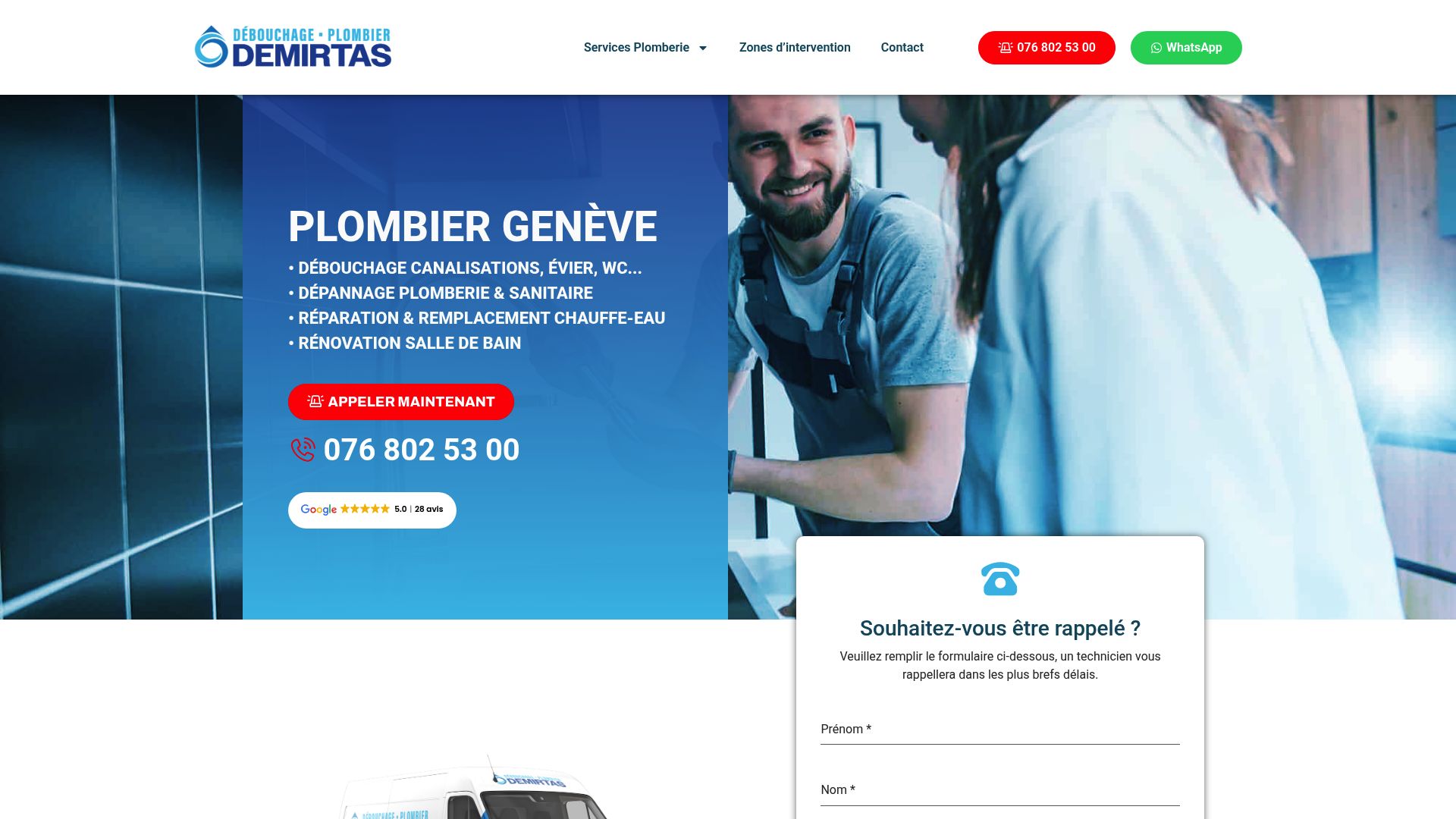 Screenshot of debouchage-geneve.ch showing the emergency intervention promise and contact form