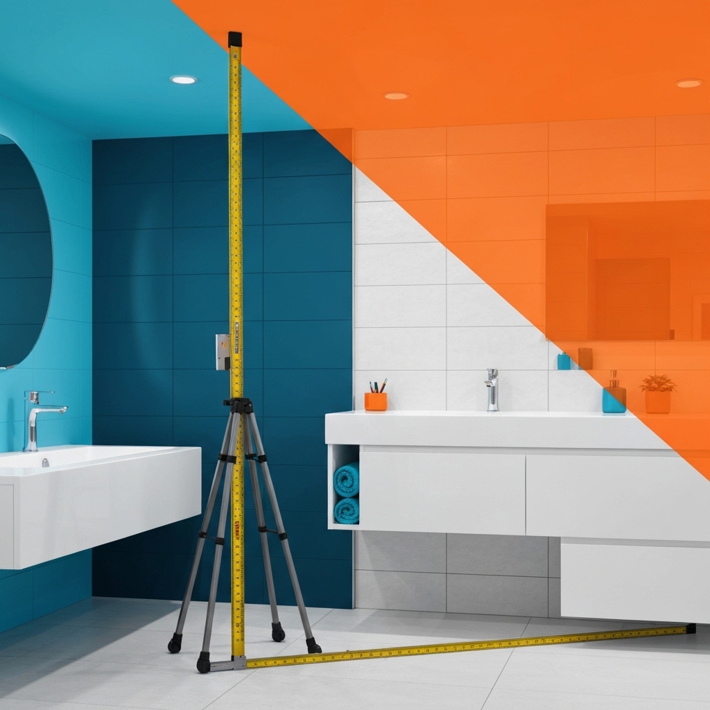 Professional tile installer kneeling on floor measuring bathroom tiles with level tool and tile samples spread around modern bathroom with partially completed wall tiles visible
