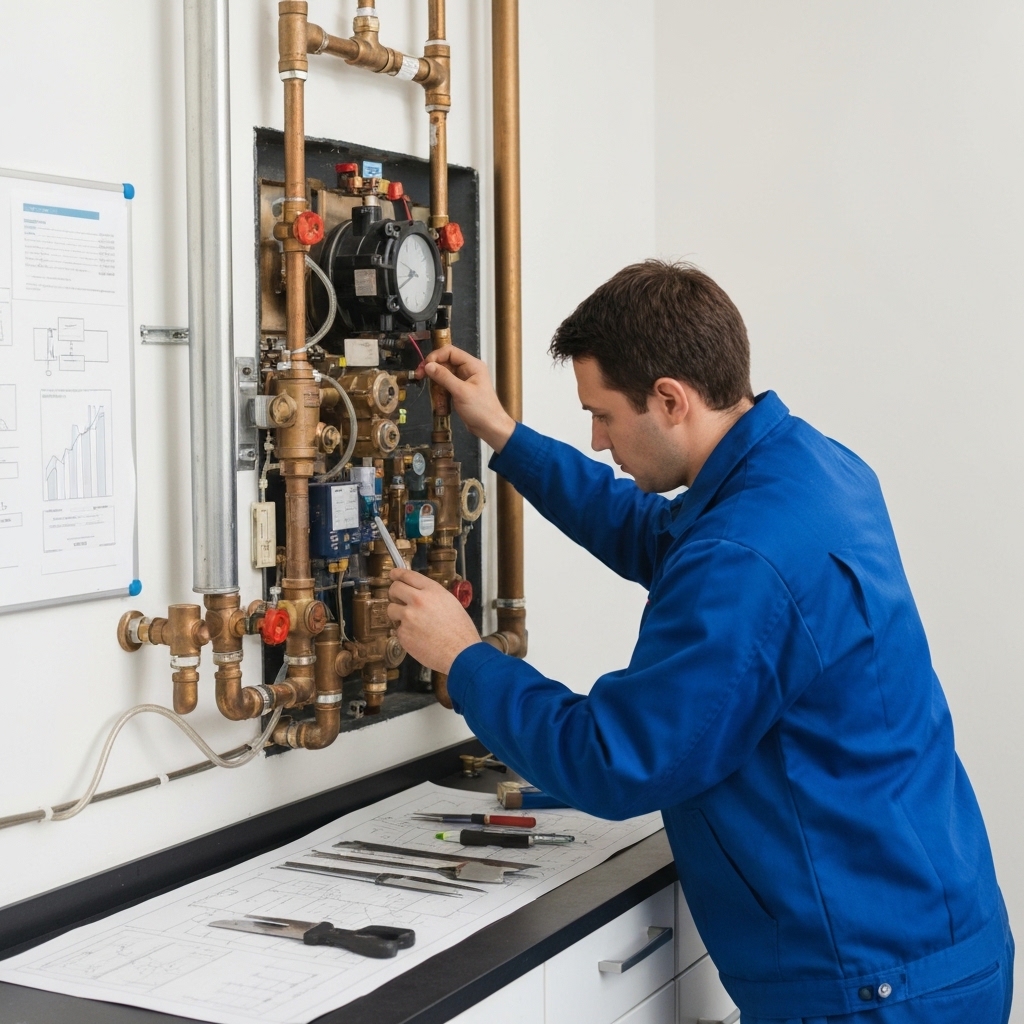 Technicien qualifié en bleu de travail inspectant méthodiquement les composants internes d'une chaudière murale moderne dans une chaufferie résidentielle suisse bien éclairée, avec outils professionnels visibles