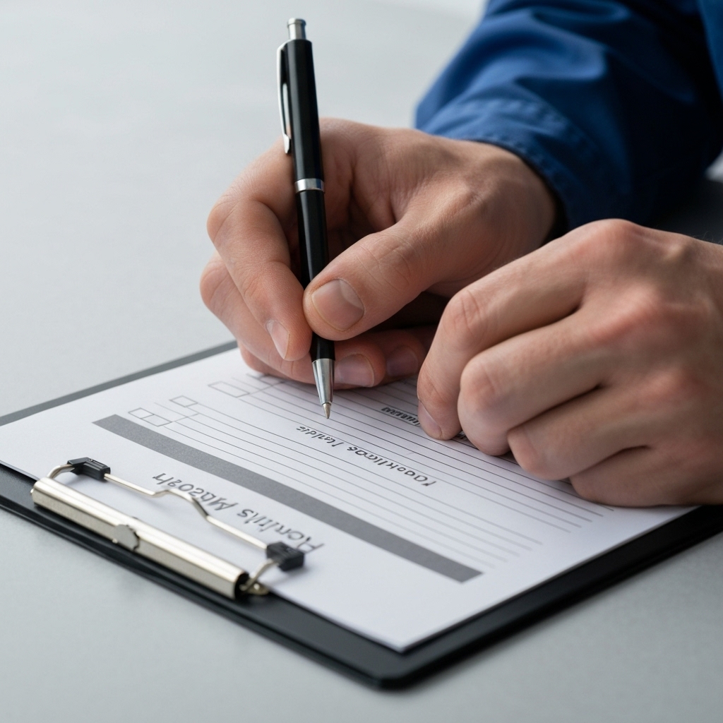 Close-up of a boiler maintenance checklist being filled out by a technician hands