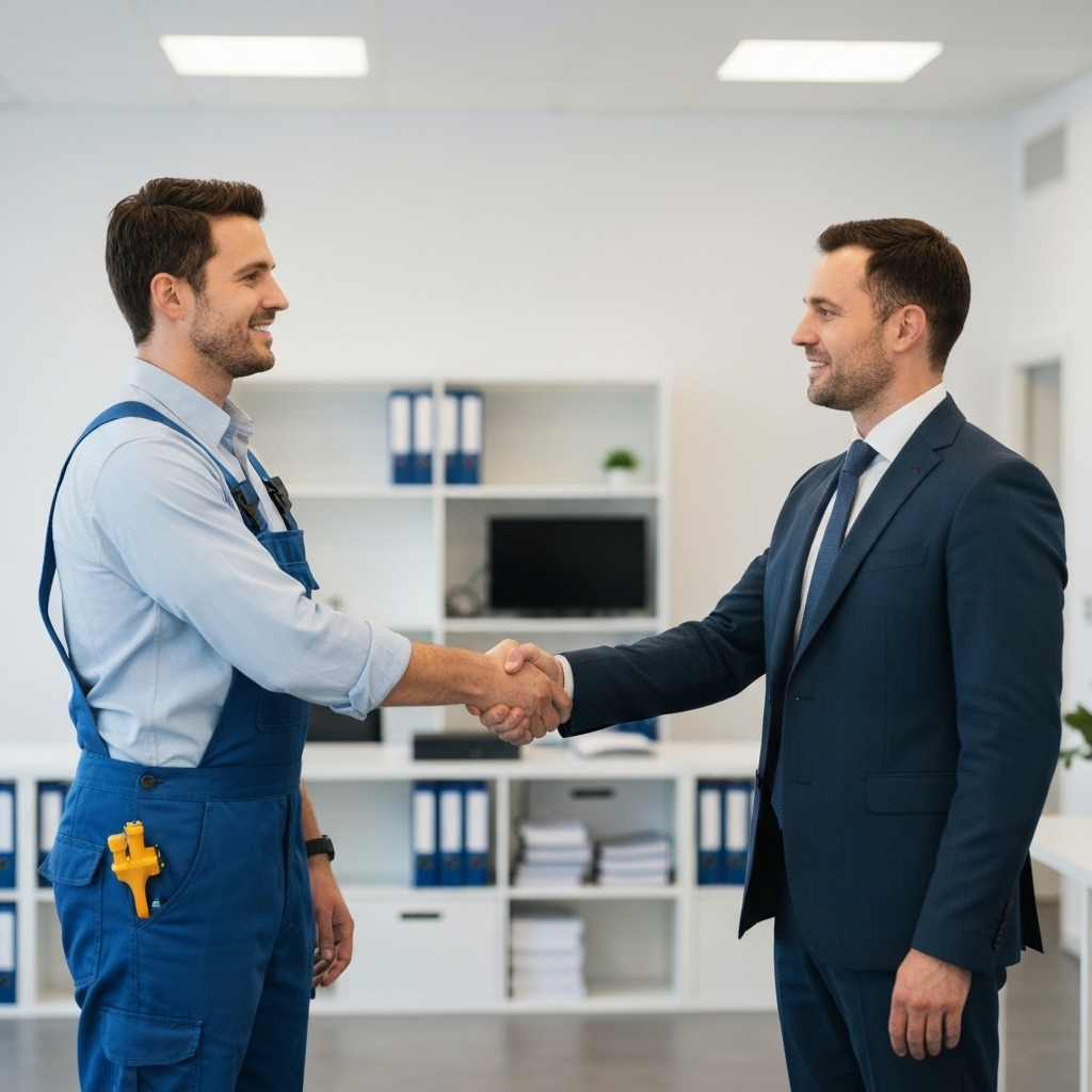 Professional plumber shaking hands with a property manager in a modern Lausanne office, representing a trustful partnership