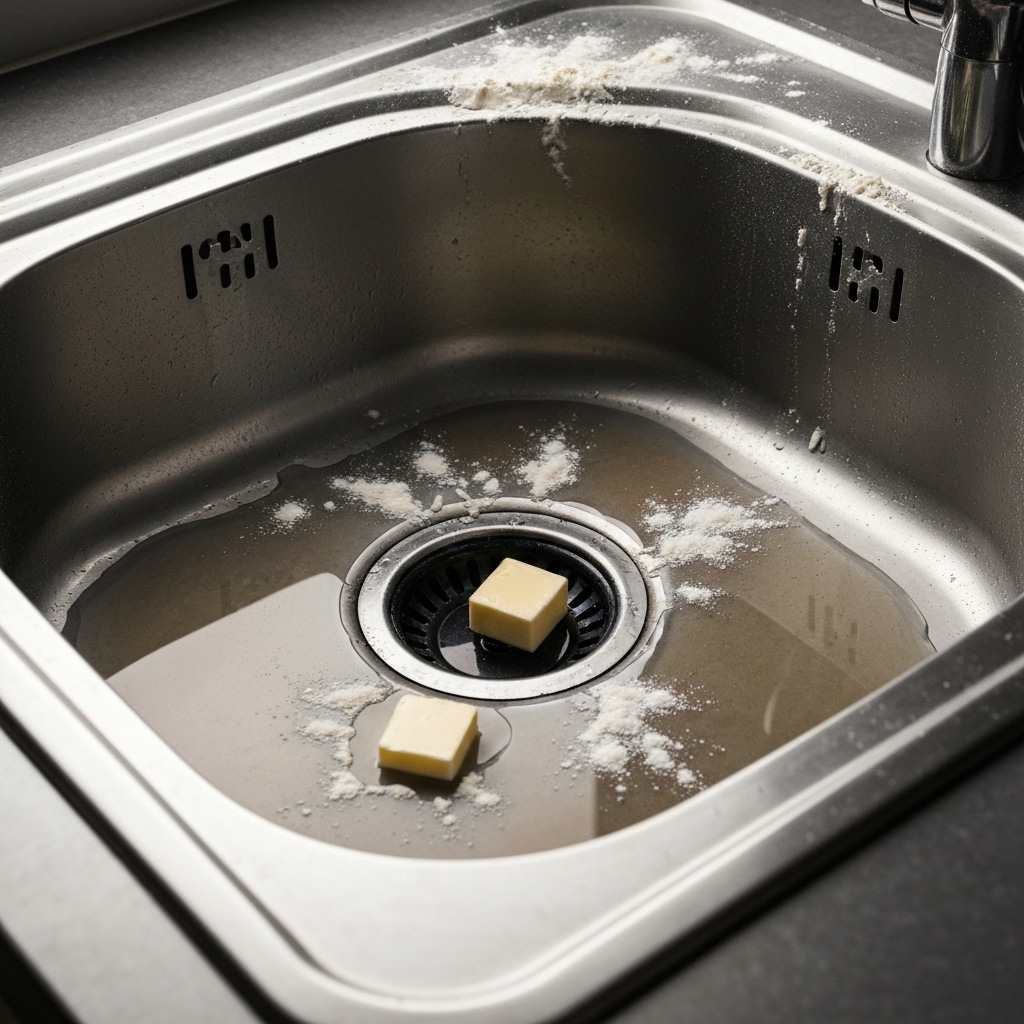 Close-up of a kitchen sink with standing water and remnants of baking ingredients like flour and butter
