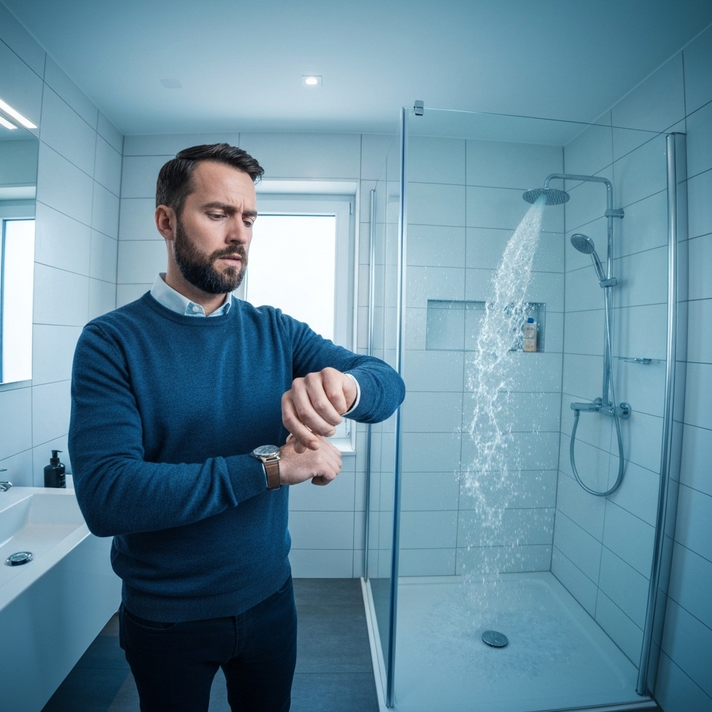 A stressed person looking at a watch and a water leak in a bathroom simultaneously
