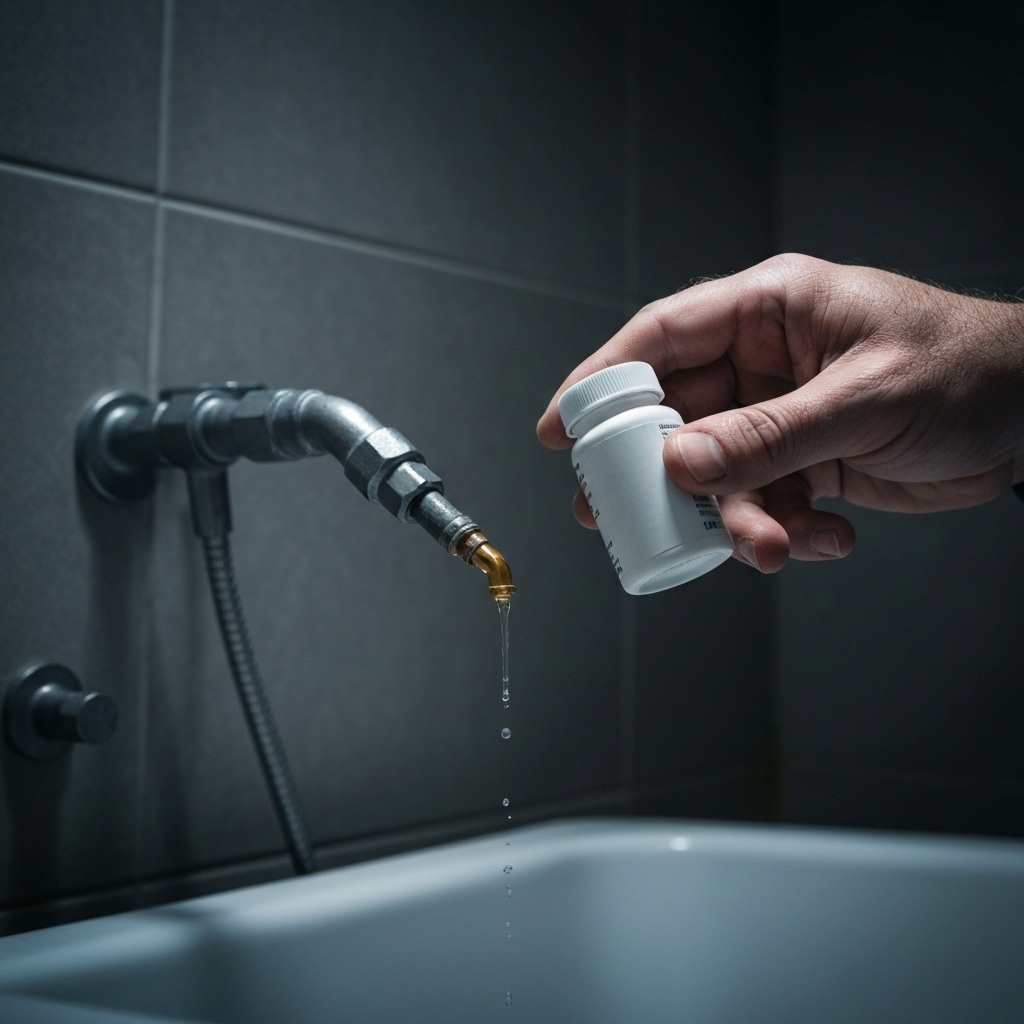 Close-up of a stressed homeowner looking at a leaking pipe smartphone in hand ready to call urgency service