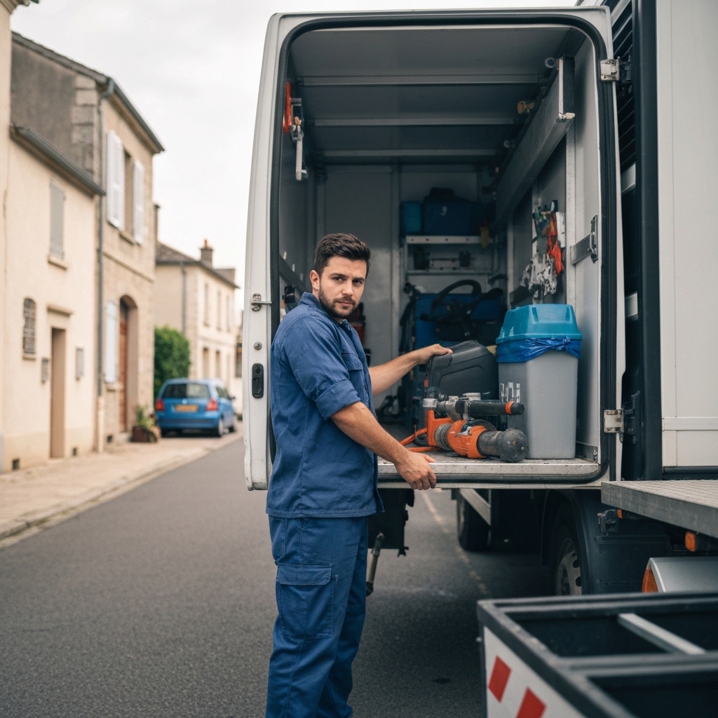 Professional plumber in branded uniform loading equipment into service van parked on residential street in Gex area, early morning light