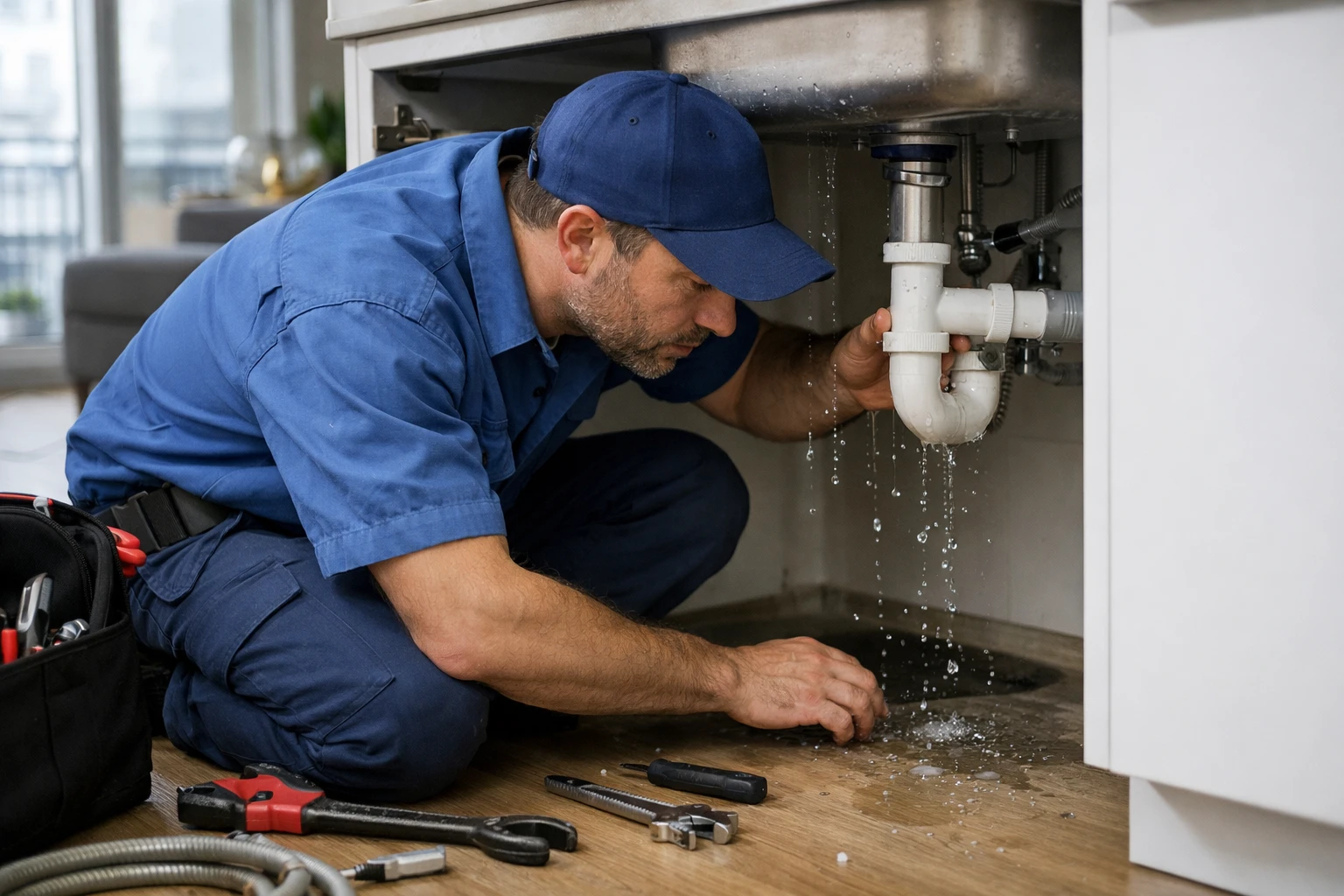Professional plumber in blue workwear crouching to inspect a water pipe leak under a sink in a modern Geneva apartment, with water droplets visible and tools spread on the floor, realistic lighting capturing the urgency of emergency repair work