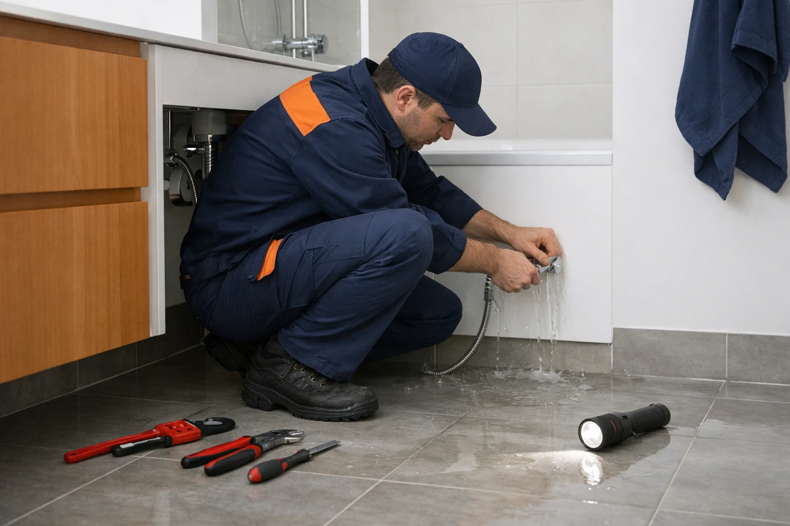 Professional plumber in work uniform crouching to repair burst pipe with water spraying in modern Parisian apartment bathroom, emergency tools and flashlight visible on wet tile floor