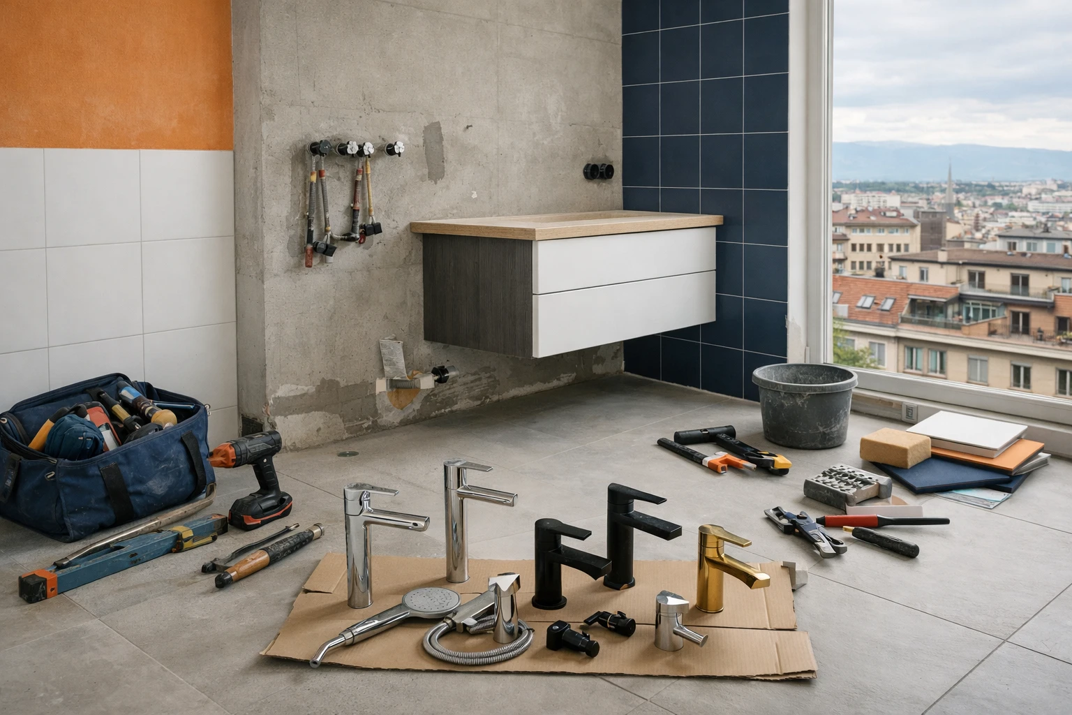 Modern bathroom renovation site in Geneva showing exposed plumbing, partially installed tiles, and construction materials, with contractor tools and fixture samples visible on floor, photographed in natural daylight with urban Geneva building context