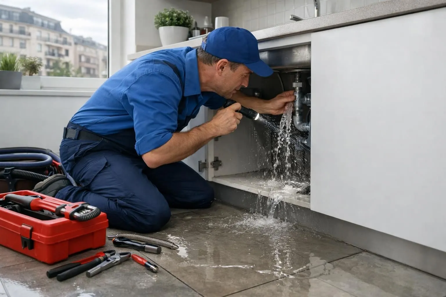 Professional plumber in blue work uniform examining a significant water leak under a kitchen sink in a modern Geneva apartment, water pooling on tiled floor, emergency plumbing tools visible, realistic daytime lighting through window showing urgency of weekend repair situation