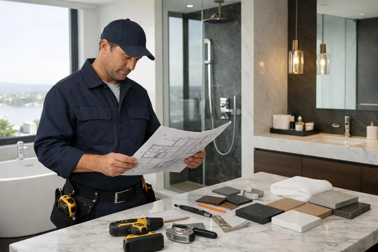 Professional contractor in work uniform examining detailed renovation blueprint while standing in upscale Geneva apartment bathroom with high-end fixtures and natural lighting, tools and material samples visible on marble countertop