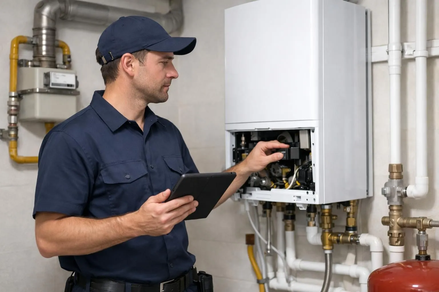 Technicien professionnel en uniforme inspectant une chaudière murale moderne avec tablette numérique dans une chaufferie résidentielle bien éclairée, tuyauterie visible, compteur de gaz en arrière-plan, ambiance professionnelle et technique