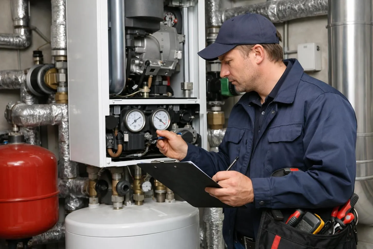 Professional technician inspecting modern heating boiler system in residential building mechanical room, with clipboard and maintenance tools, realistic lighting showing equipment details and gauges