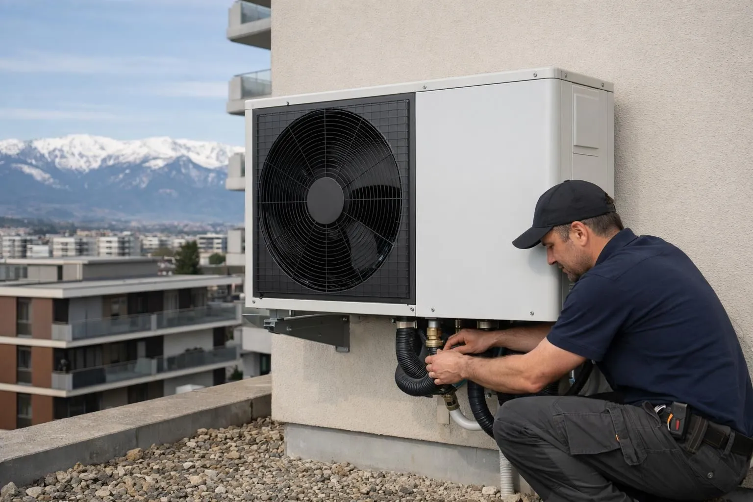Professional installer mounting modern air-source heat pump unit on exterior wall of contemporary Geneva apartment building with snow-capped Jura mountains visible in distance, technician in work uniform adjusting connections, realistic documentary style photography
