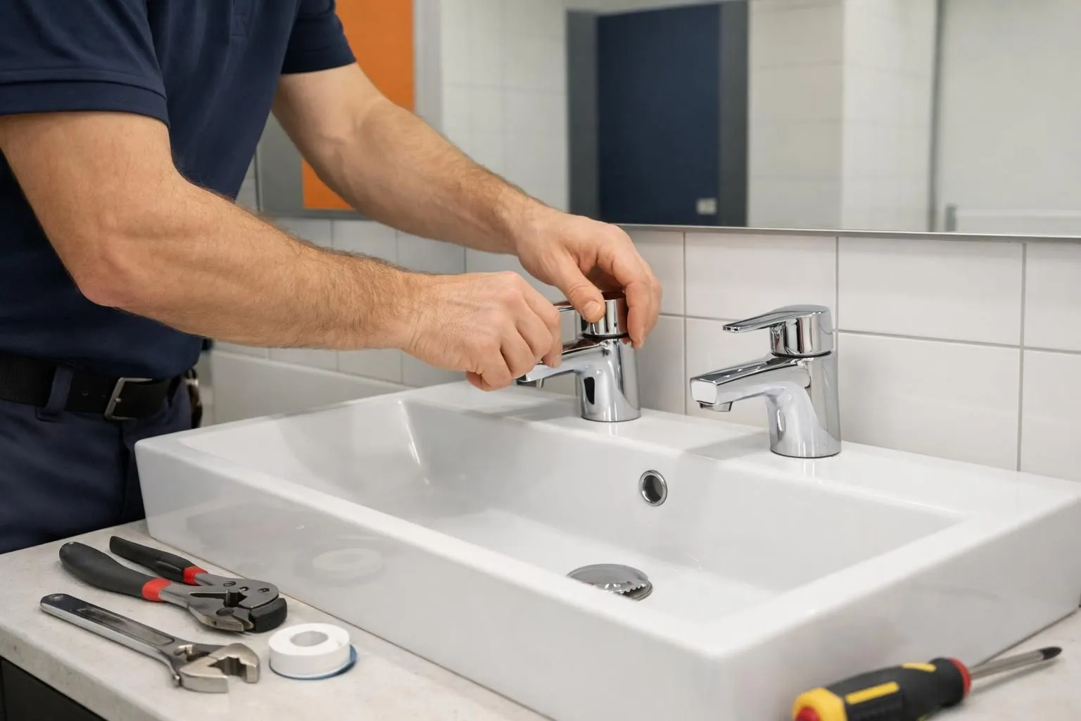 Professional plumber installing modern commercial washbasin in office bathroom, showing hands adjusting chrome faucet fixtures, clean white tiles background, tools visible on counter, professional workspace environment in Geneva office building