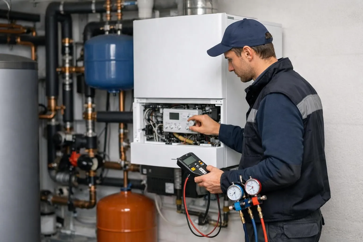 Professional heating technician examining residential boiler control panel with diagnostic tools in hand, emergency intervention scene showing complex piping and technical equipment in Swiss home basement