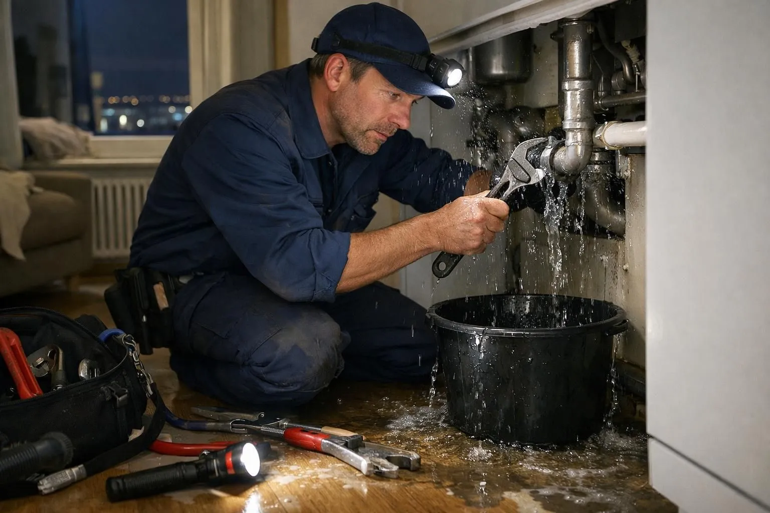Professional plumber working urgently on a pipe leak during nighttime emergency call in a Geneva apartment, with tools and equipment visible, realistic scene showing the complexity of after-hours plumbing intervention