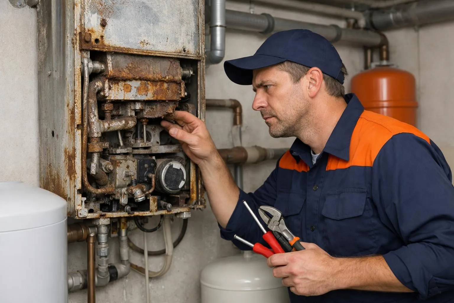 A technician inspecting an old, worn-out residential boiler mounted on a wall, showing visible signs of age like rust and corrosion, with tools in hand and a concerned expression, realistic home basement setting with pipes and heating equipment visible