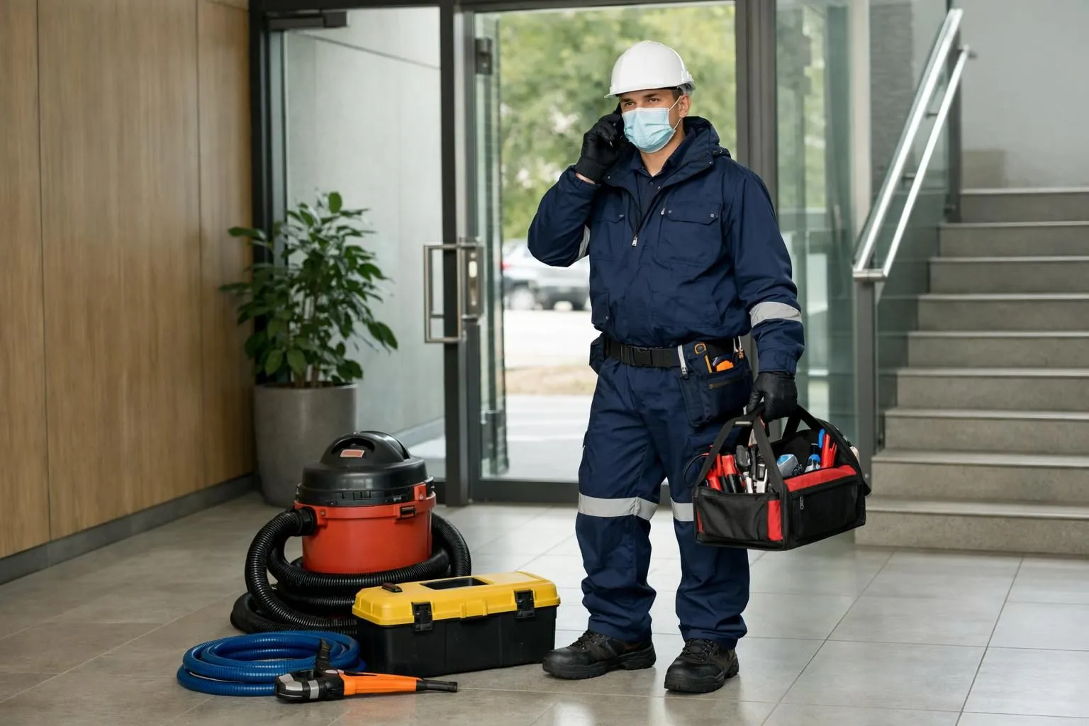 Professional plumber wearing safety helmet, protective gloves, and high-visibility vest responding to emergency call with toolbox and safety equipment in modern Swiss building entrance during nighttime intervention