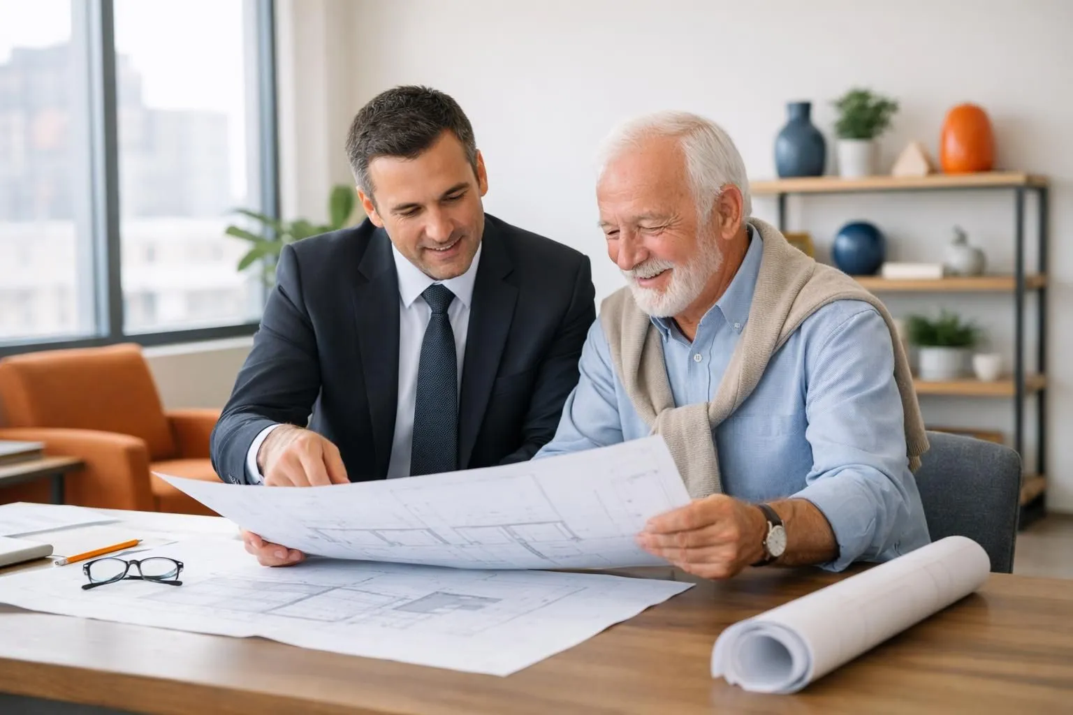 Professional property manager in business attire discussing renovation plans with satisfied elderly property owner over blueprints in modern Swiss office, construction plans visible on desk, large windows showing urban buildings, natural lighting