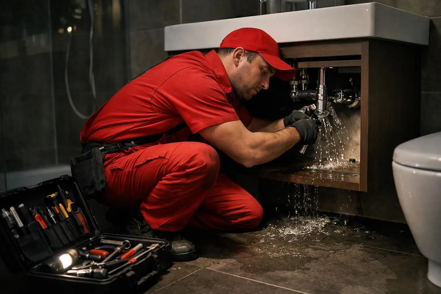 Plombier professionnel en uniforme rouge travaillant sur une urgence de fuite d'eau dans une salle de bains moderne, accroupi avec mallette d'outils ouverte, éclairage dramatique suggérant une intervention nocturne