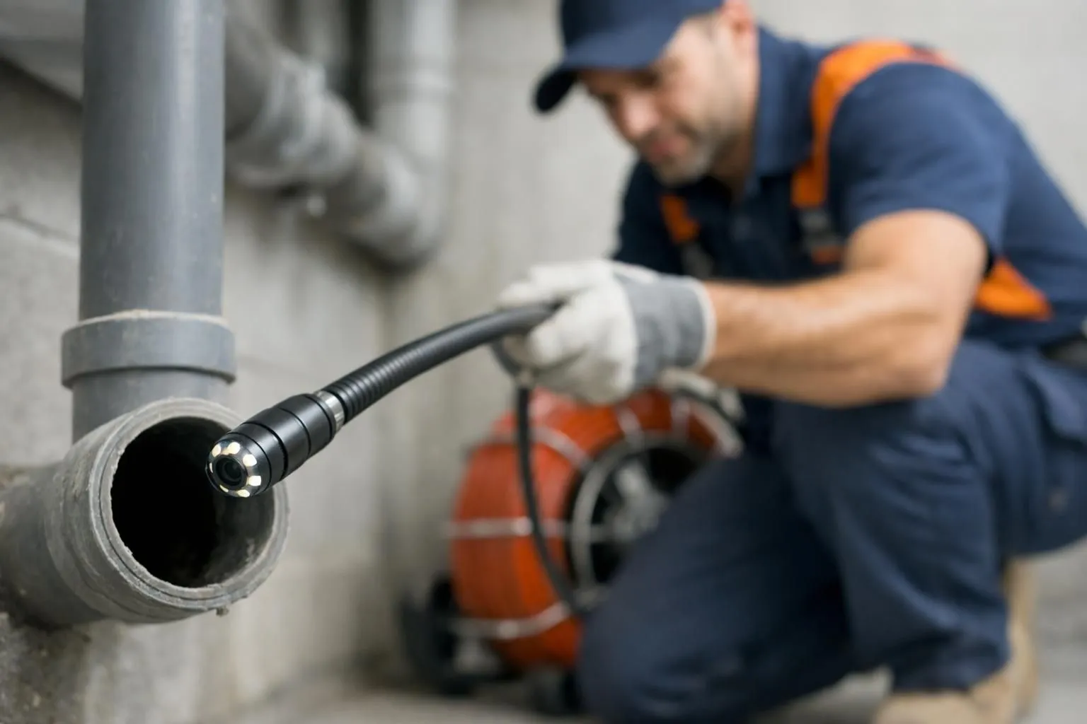 Professional plumber in work uniform inserting flexible fiber optic inspection camera into residential drain pipe opening in modern Geneva apartment building basement, close-up view of camera head and cable entering pipe, natural lighting, technical maintenance scene