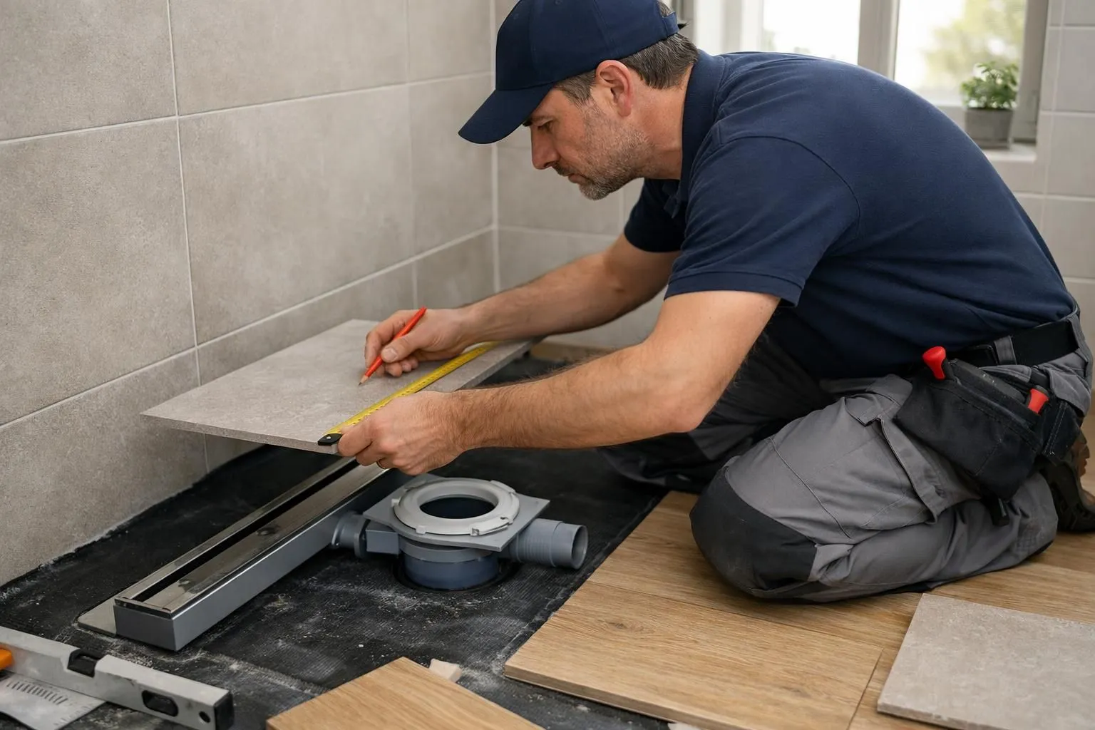 Modern walk-in shower installation in contemporary Swiss bathroom showing professional installer measuring tiles and preparing floor drainage system, clean minimalist design with large format grey tiles and frameless glass panel, natural daylight from window, focus on craftsmanship and quality materials