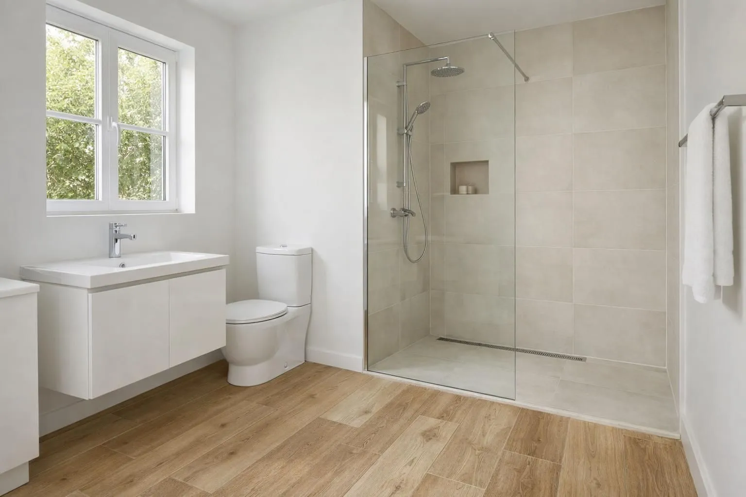 Modern bathroom interior with realistic wood-look porcelain tiles on floor, showing natural wood grain texture and warm tones, featuring a walk-in shower, white fixtures, and natural daylight streaming through a window, professional architectural photography style
