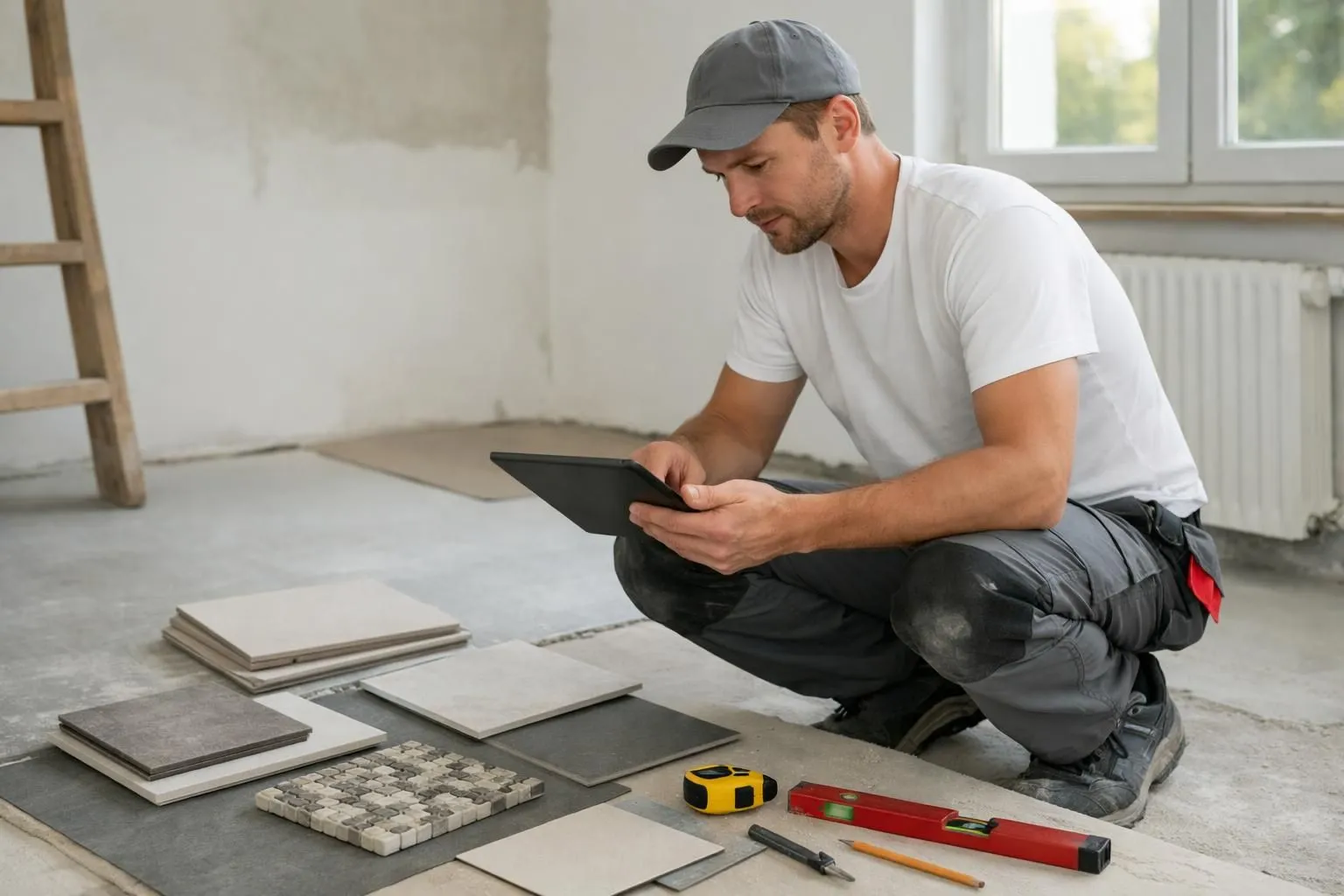 Swiss tile installer comparing price quotes on digital tablet while kneeling beside multiple tile samples and measurement tools in residential renovation site, natural lighting through window