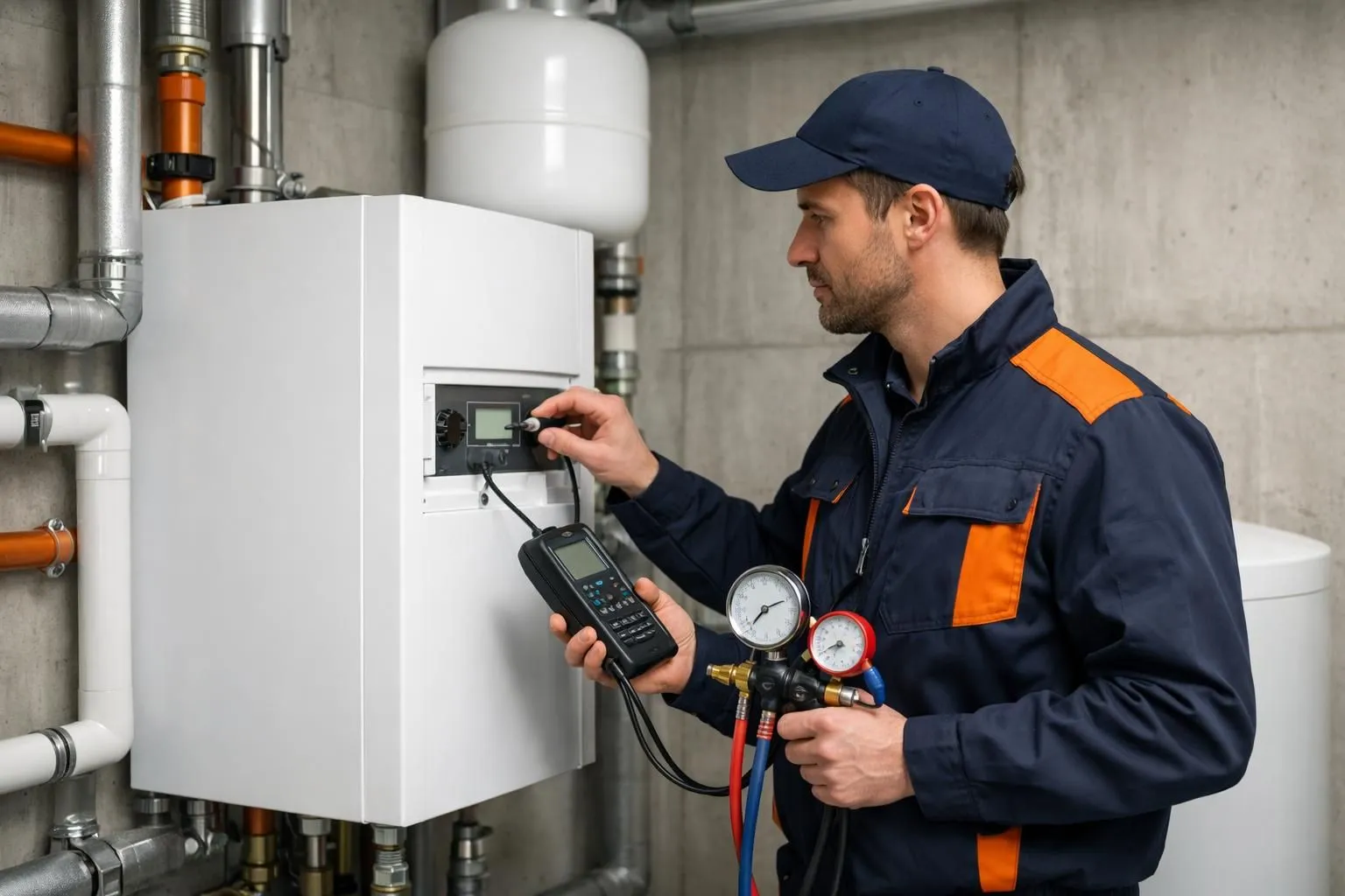 Professional technician in work uniform examining gas boiler control panel with digital diagnostic tools and pressure gauge in modern Geneva residential basement with concrete walls and heating pipes