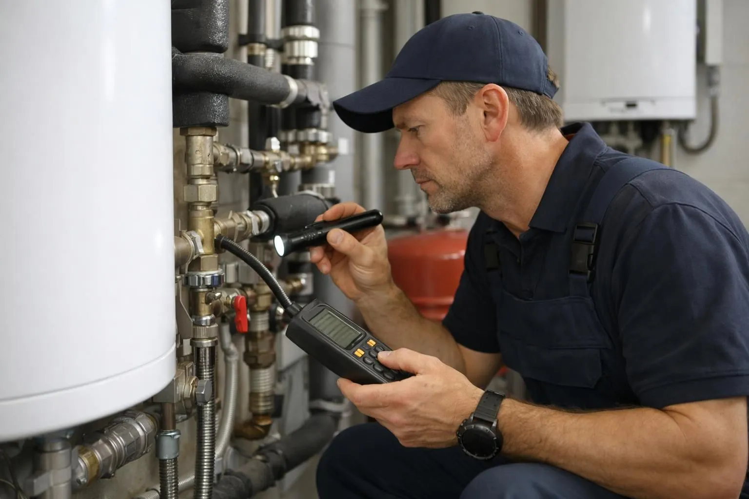 Plombier professionnel inspectant méthodiquement des tuyauteries et raccords dans une chaufferie d'immeuble résidentiel moderne, équipé d'outils de diagnostic et d'un carnet d'entretien, éclairage naturel, perspective technique