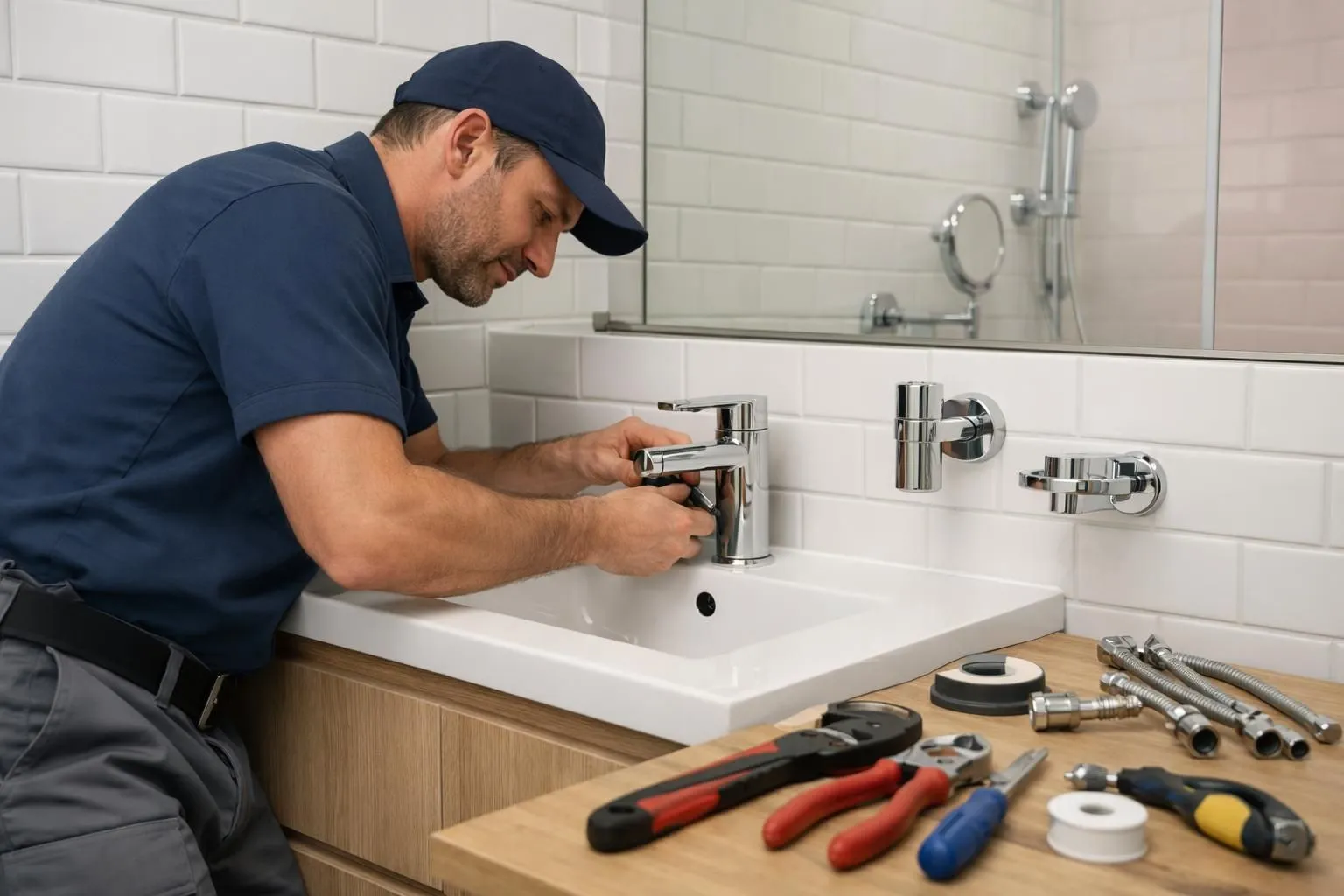Professional plumber installing modern chrome faucet and fixtures in newly renovated Geneva bathroom with white subway tiles and contemporary vanity unit, tools visible on workbench