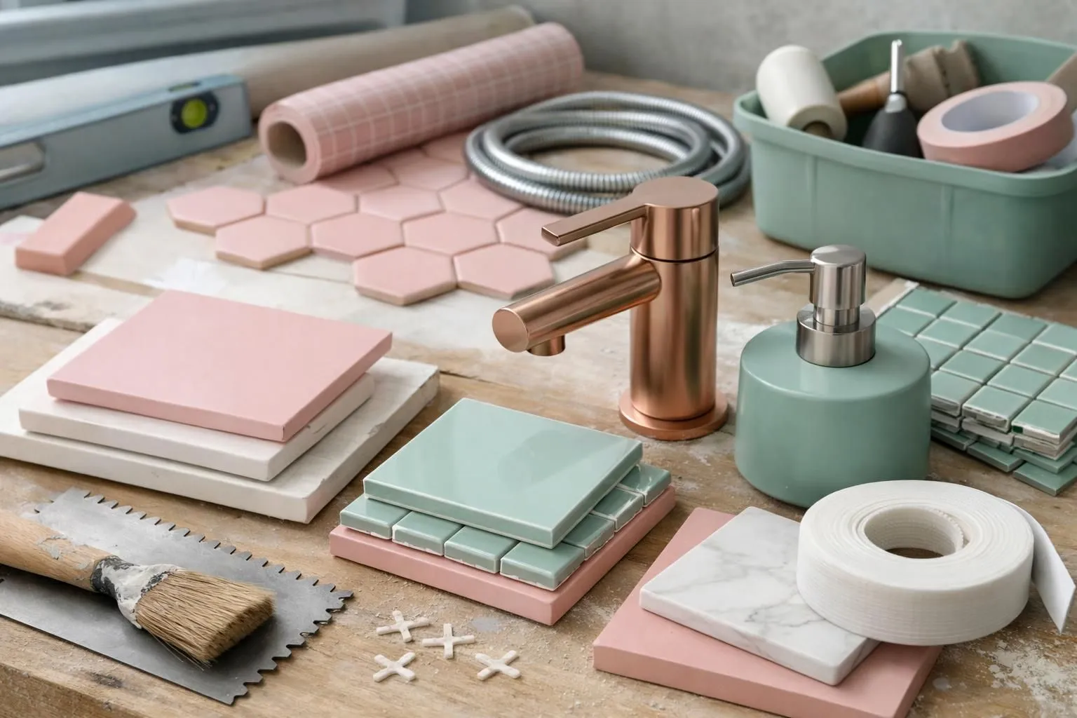 Close-up view of bathroom renovation materials and fixtures laid out on contractor's work table, including chrome faucet, ceramic tiles samples, electrical switches, and plumbing pipes with price tags, natural workshop lighting, professional construction setting