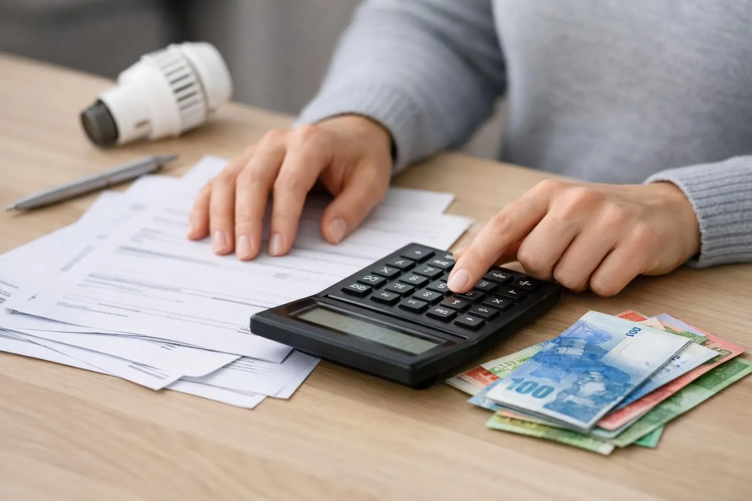 Close-up of hands calculating heating costs with calculator, energy bills and Swiss franc notes on desk, realistic office setting with calculator display and financial documents visible