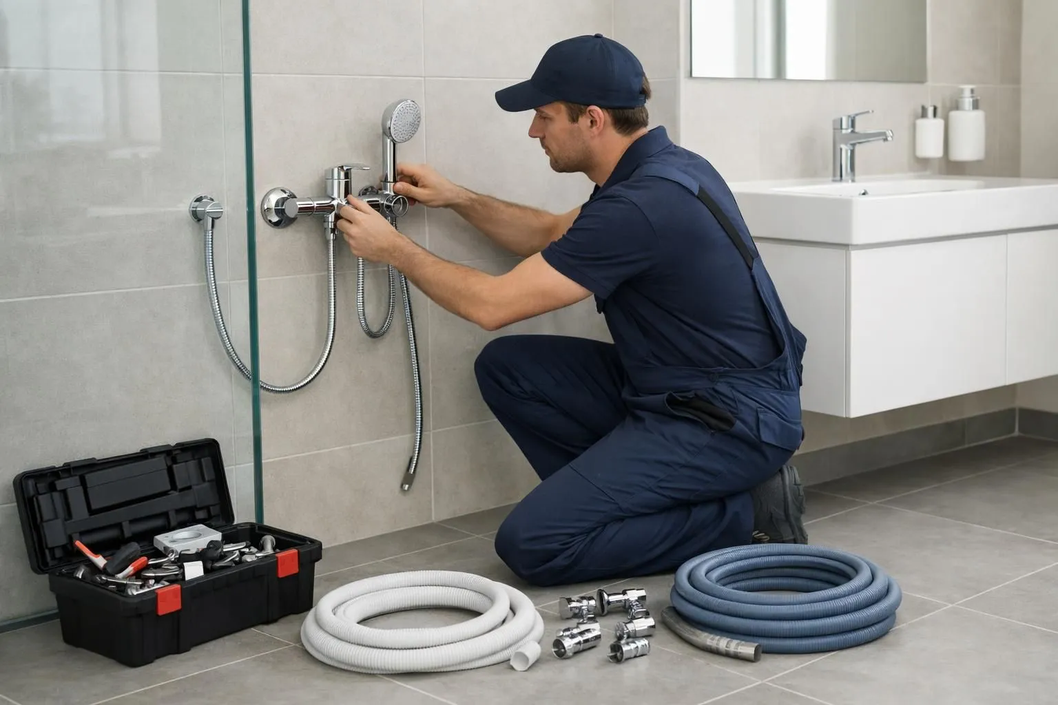 Professional plumber in uniform installing modern chrome faucets and white ceramic fixtures in a contemporary office bathroom with large windows overlooking Geneva cityscape, toolbox and pipes visible on clean tile floor