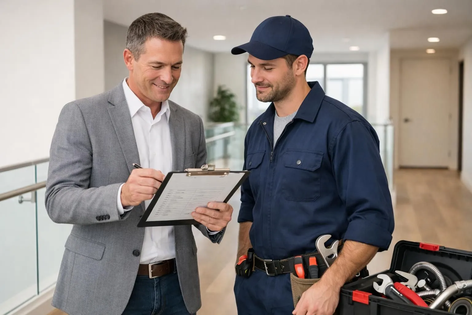 Professional property manager reviewing maintenance checklist with technician in modern apartment building, showing clipboard with inspection notes, plumbing tools visible, bright interior space with professional interaction